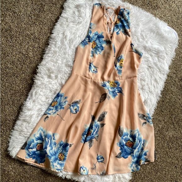 Lulus Garden Walk Skater Dress Sleeveless Lined Blush Pink Blue Floral Sz Small - Picture 1 of 9